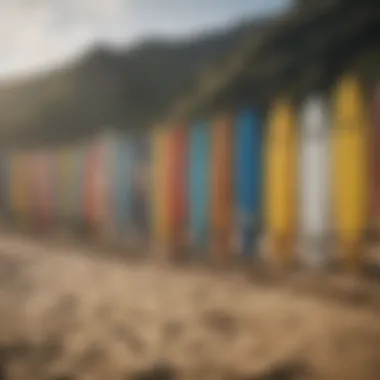 Diverse surfboards lined up on the beach, highlighting equipment variety