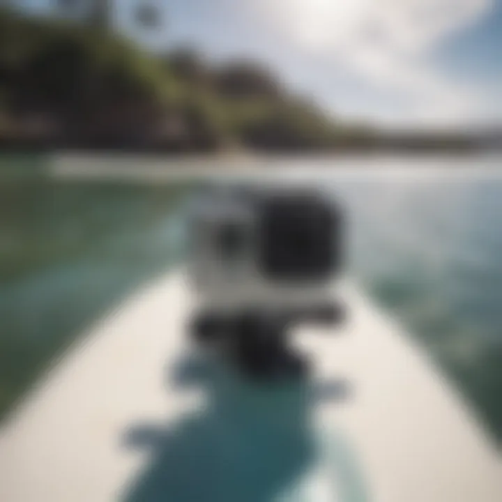 Different types of GoPro mounts displayed on a surfboard