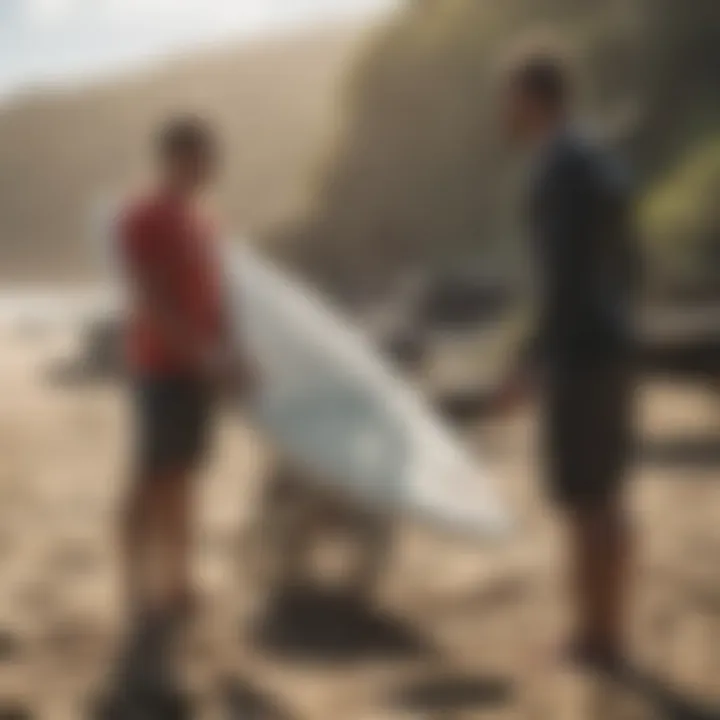 An individual inspecting the condition of a used surfboard