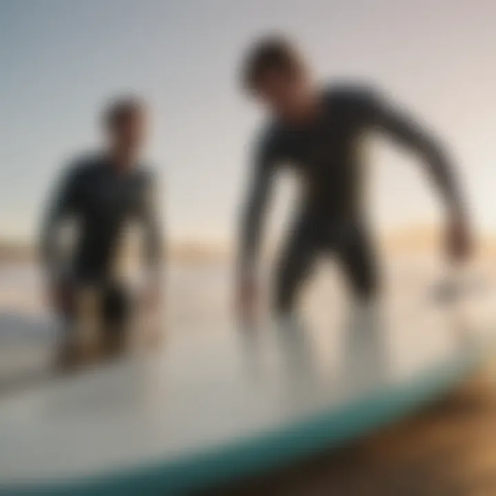 A surfer waxing a used surfboard for better performance