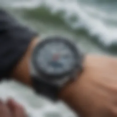 A close-up of a high-tech tide watch displaying tidal data