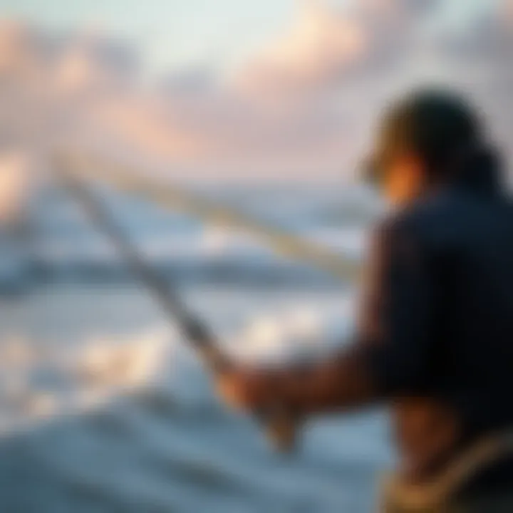 A surf angler casting a fishing line into the waves