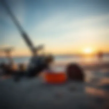 Surf fishing gear displayed on the sandy beach during sunrise