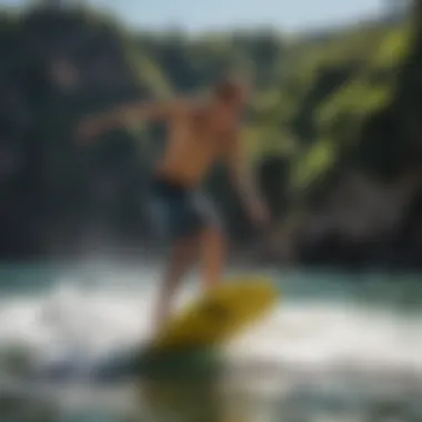 A vibrant foamie skimboard gliding across the water.