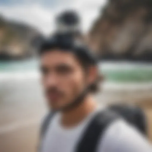 GoPro head strap showcasing its design on a scenic beach