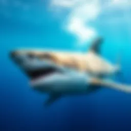 A majestic great white shark gliding through clear blue waters