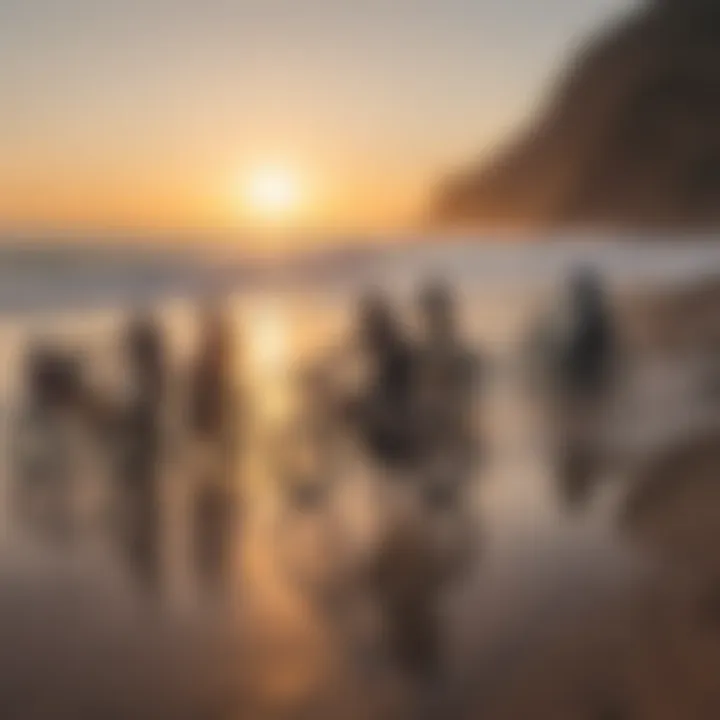 Group of surfers with electric bikes at sunset