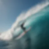 A surfer performing the iconic Hang Ten maneuver on a vibrant wave.