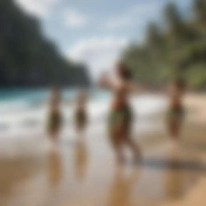 Serene beach setting with hula dancers practicing