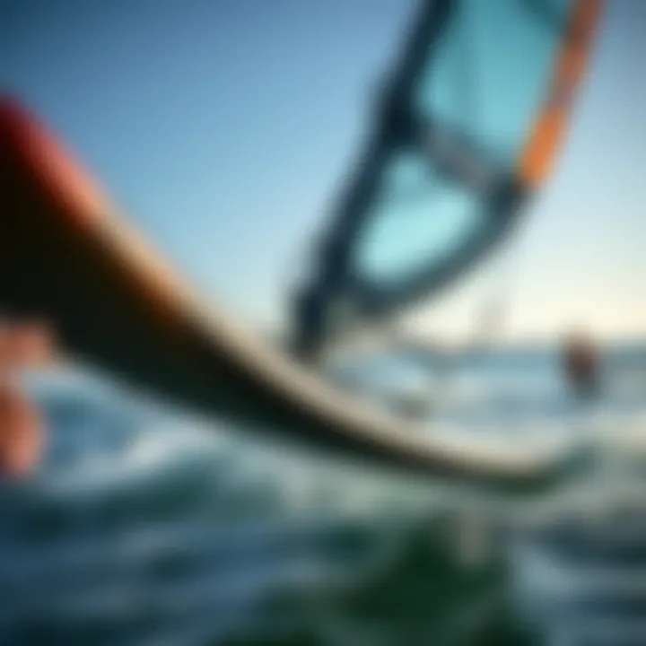 Innovative Board Design A close-up of a hydrofoil windsurfing board showcasing its unique design and aerodynamic features