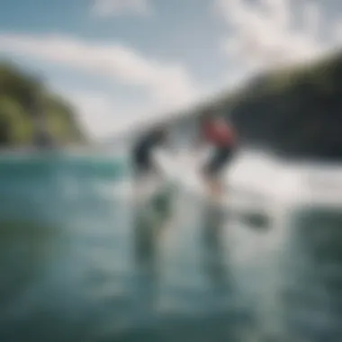 An experienced instructor guiding a student on a surfboard