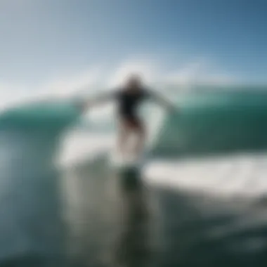 An action shot of a skimboarder riding a wave, illustrating performance in dynamic conditions.