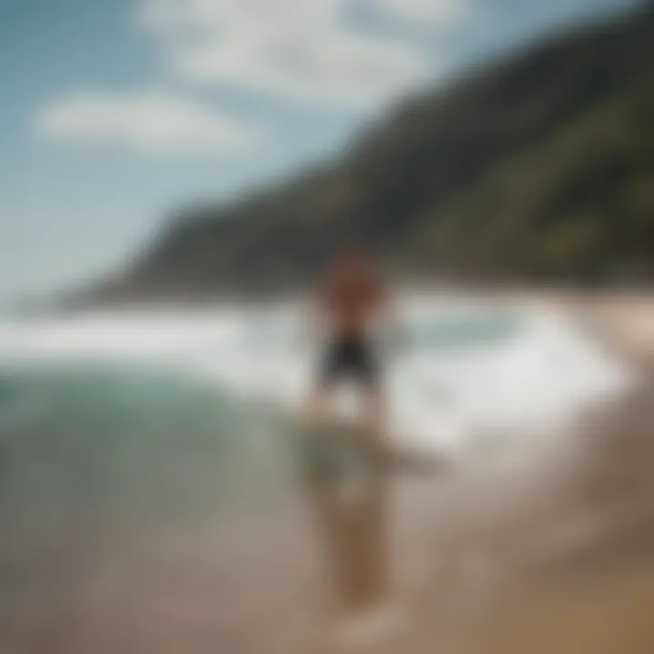 A tranquil beach scene with eco-friendly skimboarding practices being highlighted.