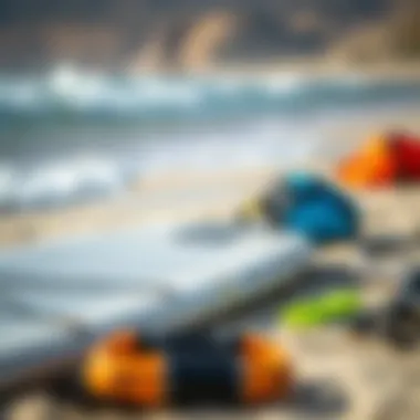 Essential Gear for Kite Surfing Kite surfing gear laid out on the beach