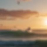 A vibrant kite surfing scene at sunset with colorful kites soaring over the waves.