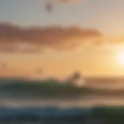 A vibrant kite surfing scene at sunset with colorful kites soaring over the waves.