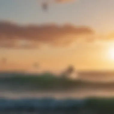 A vibrant kite surfing scene at sunset with colorful kites soaring over the waves.