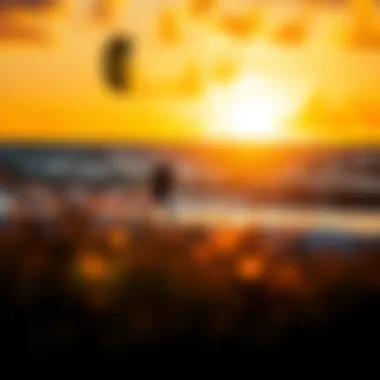 A vibrant kiteboarding scene at sunset