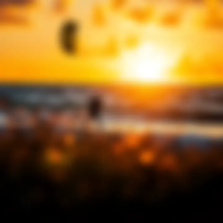 A vibrant kiteboarding scene at sunset