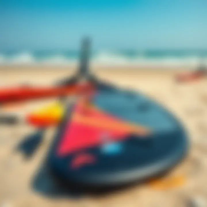 Close-up of advanced kitefoiling gear laid out on the beach