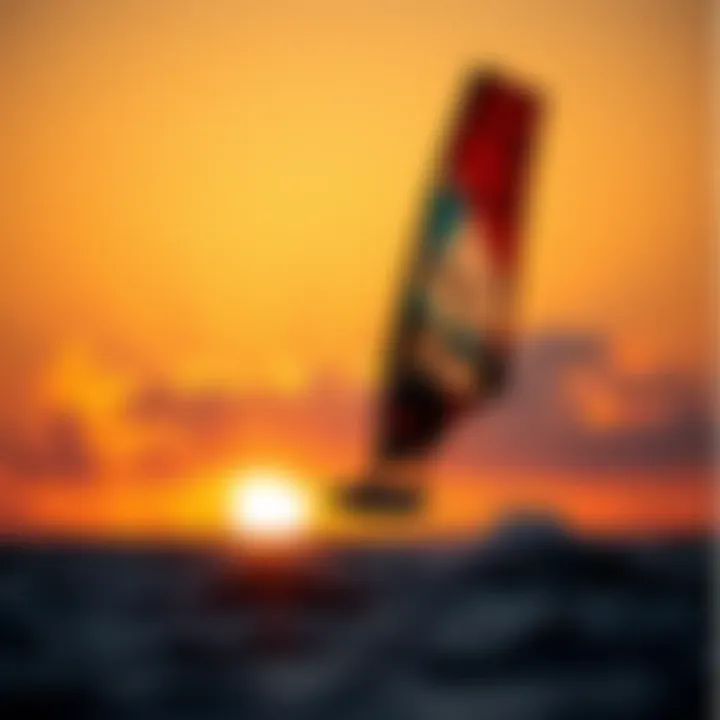 A tranquil sunset scene featuring a kitefoiler against the horizon