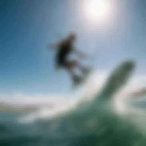 A dynamic view of a kitesurfing session capturing the thrill of the sport.