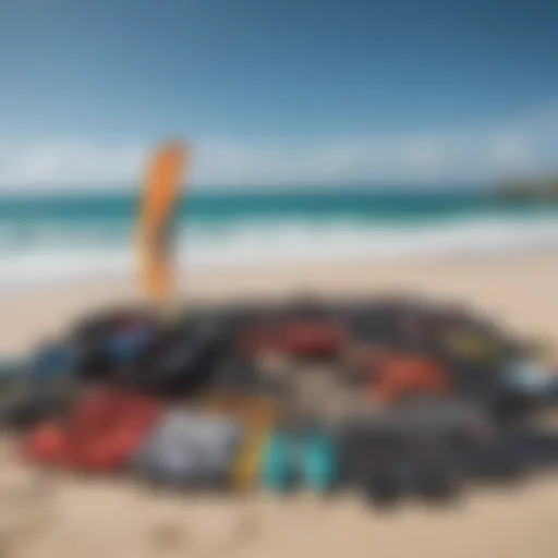 A well-organized kitesurfing gear package laid out on the beach.