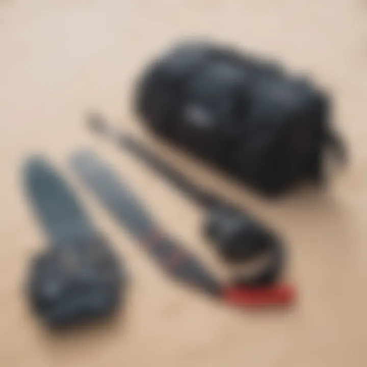 Essential kitesurfing gear laid out on a sandy beach, ready for an adventure