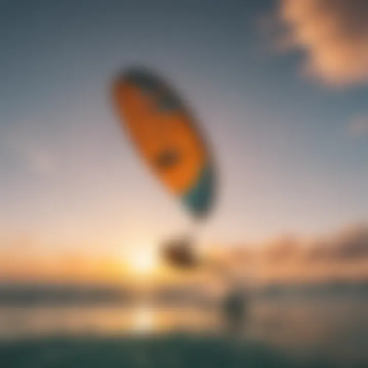 A vibrant sunset illuminating a kitesurfing session on a pristine Maldivian beach