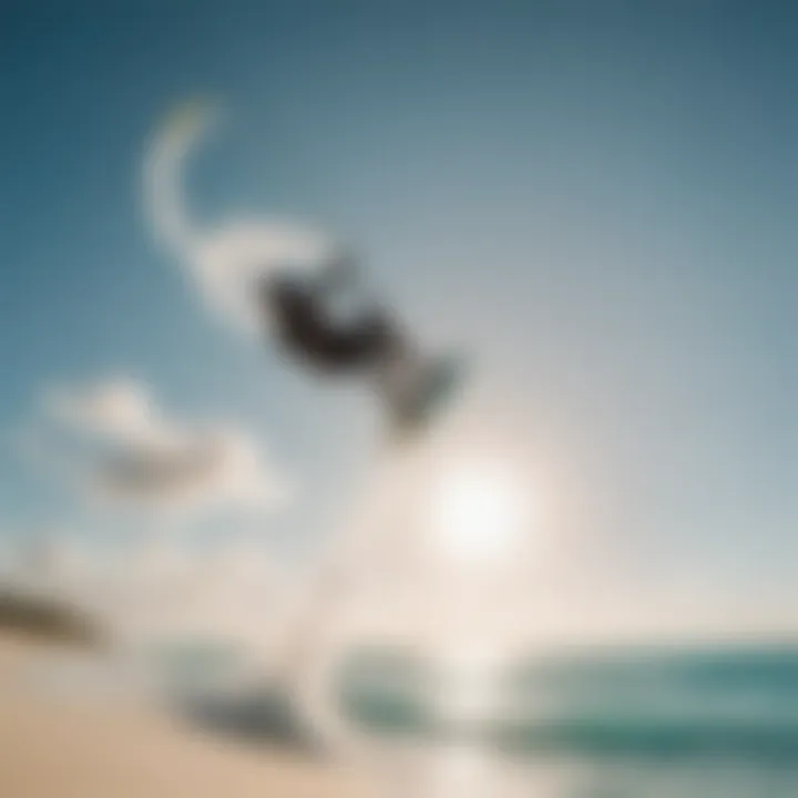 A kitesurfer performing a jump against a backdrop of pristine beaches and clear skies.