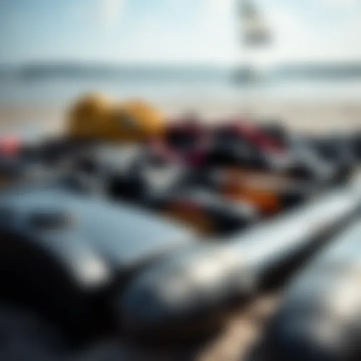 Close-up of essential kitesurfing gear laid out