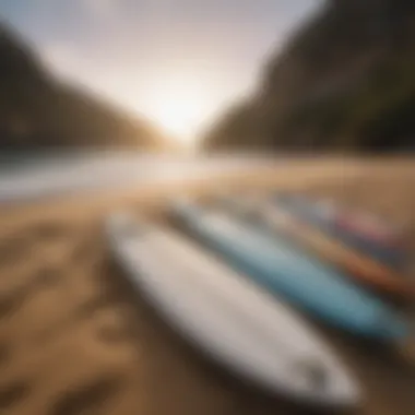 Surfboards lined up on the sandy beach of La Lancha