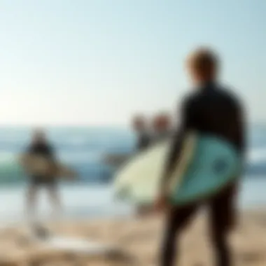 A group of surfers engaged in a training session, demonstrating techniques on the beach.