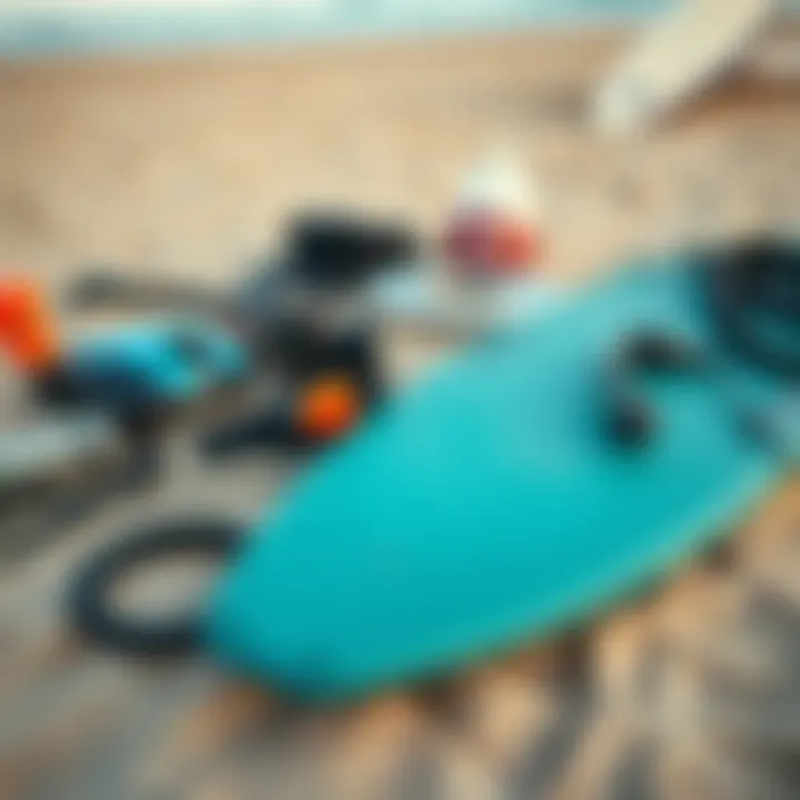A detailed display of essential bodyboarding gear laid out on the sandy shore, highlighting equipment choices.