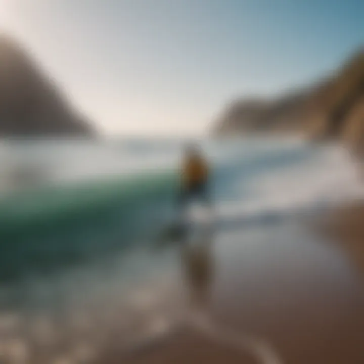 A vibrant surf instructor guiding students on the beach