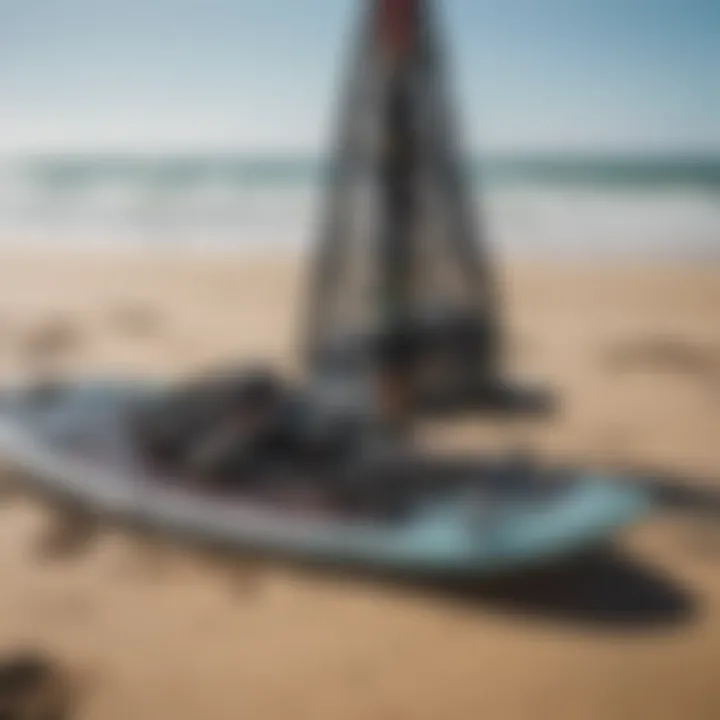 Close-up of advanced kite surfing gear laid out on the beach