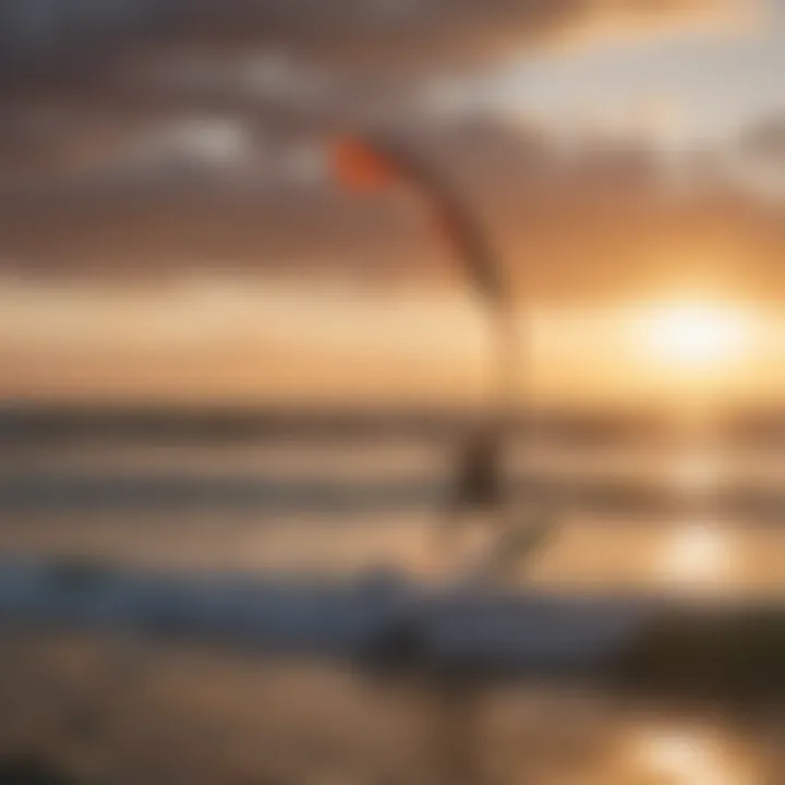 A serene landscape showcasing a kite surfing spot at sunset