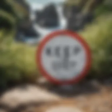 A close-up of a 'Keep Off Rocks' sign amidst coastal flora