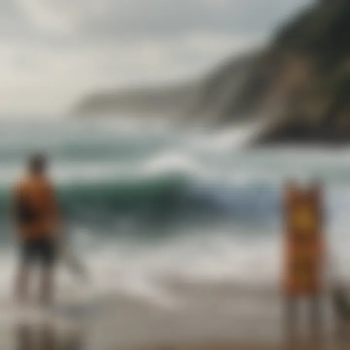 Surfers enjoying the waves while respecting safety signs