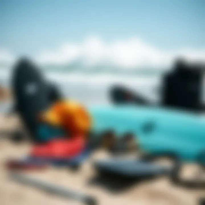 Essential Surfing Gear Collection of essential surfing gear displayed on sand