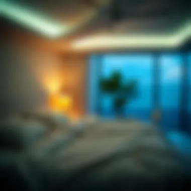 A serene bedroom environment with soft lighting and ocean sound machine