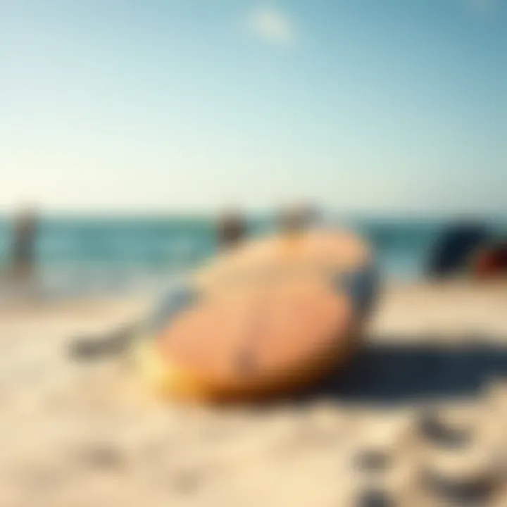 A surfboard resting on the beach, evoking a sense of relaxation