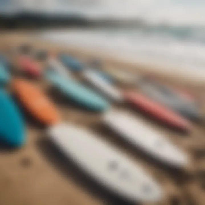 An array of Odyssey surf boards displayed on a beach