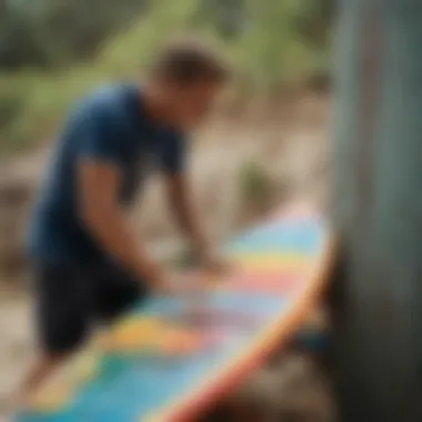 Artist painting a surfboard with vibrant colors