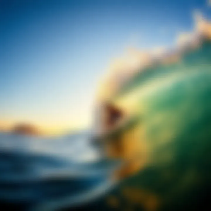 Surfer catching a perfect wave at sunrise