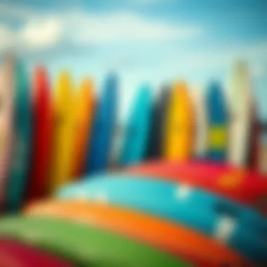 A vibrant surfboard display on a beach