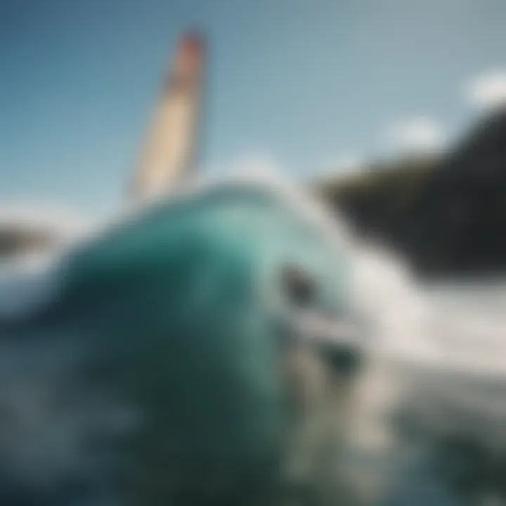 Surfer riding a wave while a boat floats nearby