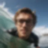 A surfer wearing prescription glasses while riding a wave