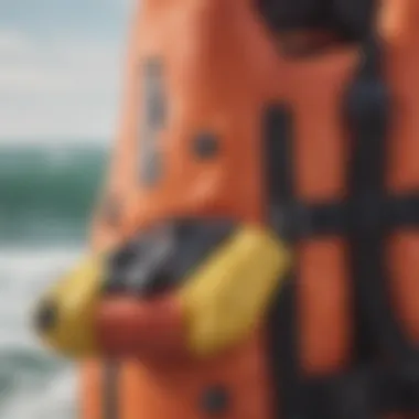 Close-up of a quick inflate life vest showcasing its deployment mechanism