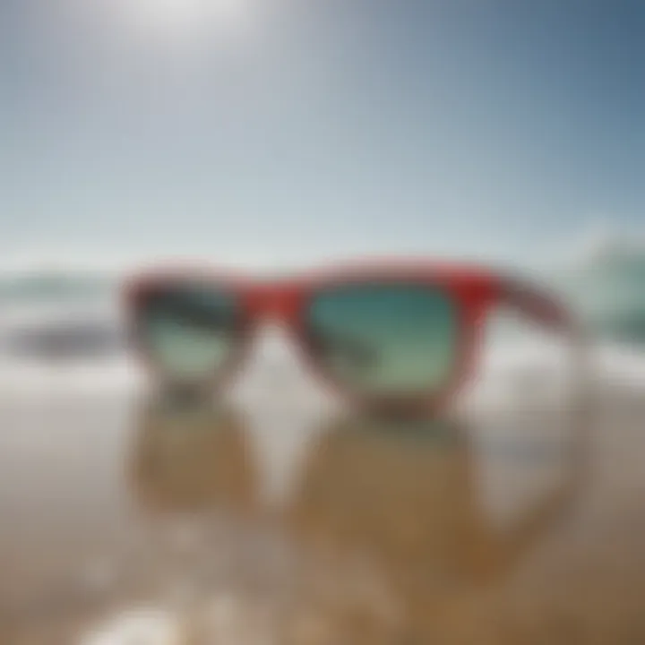 Artistic representation of surfers wearing Ray-Ban sunglasses in a vibrant surf culture